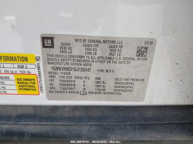 Chevrolet Traverse Lt 2016 1GNKVHKD1GJ128347 Image 9