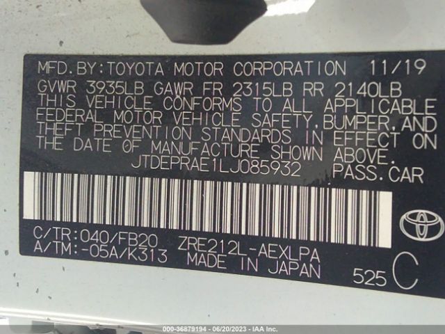 JTDEPRAE1LJ085932 Toyota COROLLA LE