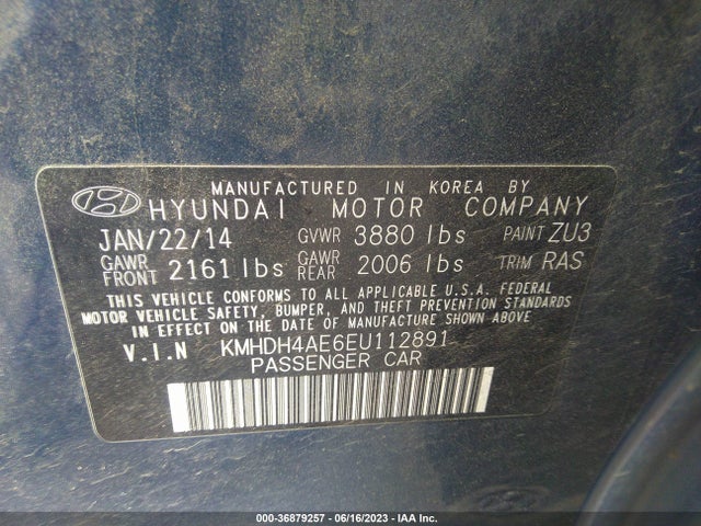 2014 HYUNDAI ELANTRA SE VIN: KMHDH4AE6EU112891