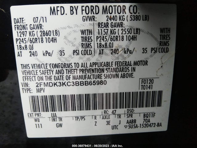 2011 FORD EDGE LIMITED VIN: 2FMDK3KC3BBB65980