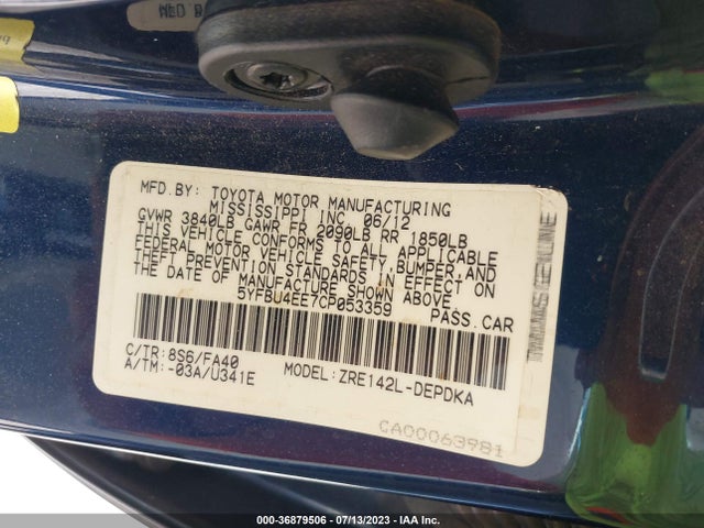 2012 TOYOTA COROLLA L/LE/S VIN: 5YFBU4EE7CP053359
