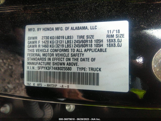 Honda Ridgeline Rtl-e 2019 5FPYK3F74KB025580 Image 9