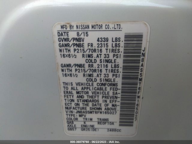 JN8AS5MT6FW165027 Nissan Rogue Select S