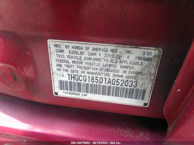 2001 HONDA ACCORD SDN EX W/LEATHER VIN: 1HGCG16501A052033