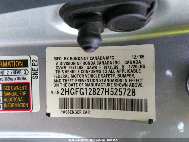 2007 HONDA CIVIC CPE EX VIN: 2HGFG12827H525728