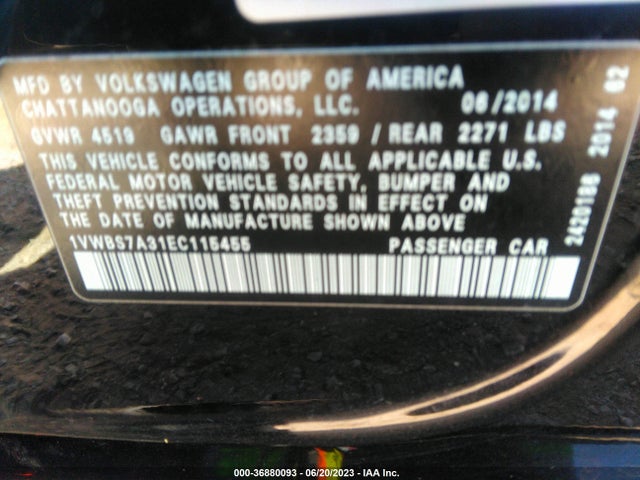 1VWBS7A31EC115455 Volkswagen Passat Se W/sunroof & Nav