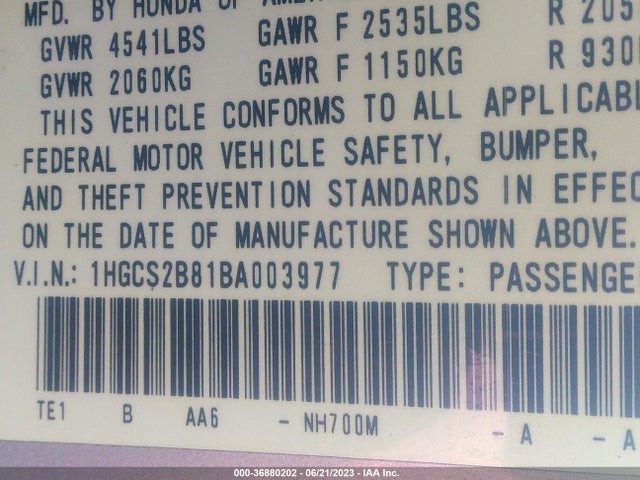 2011 HONDA ACCORD CPE EX-L VIN: 1HGCS2B81BA003977