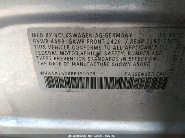 2006 VOLKSWAGEN PASSAT SEDAN 2.0T VIN: WVWEK73C86P139078