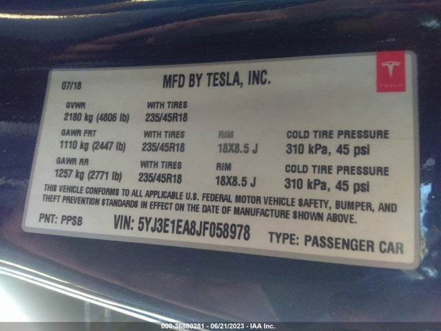 Tesla Model 3 Range Battery 2018 5YJ3E1EA8JF058978 Image 16