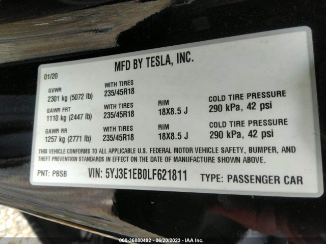 5YJ3E1EB0LF621811 Tesla Model 3 Long Range