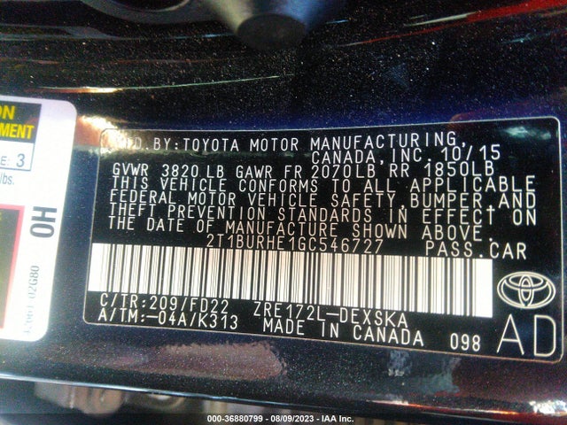 2016 TOYOTA COROLLA L/LE/S/S PLUS/LE PLUS VIN: 2T1BURHE1GC546727
