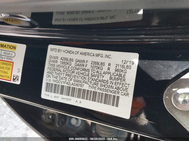 Honda ACCORD EX 2020 1HGCV1F42LA039767 Image 9