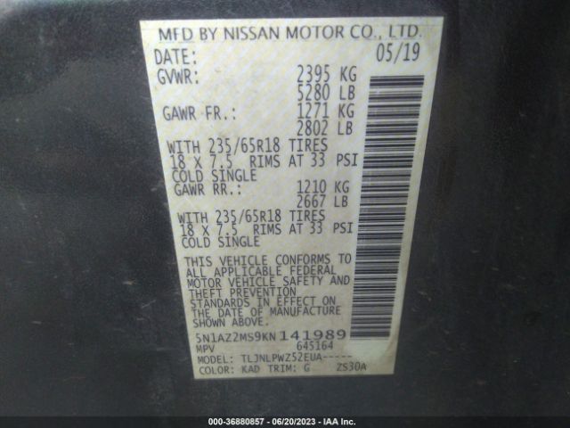 5N1AZ2MS9KN141989 Nissan MURANO S