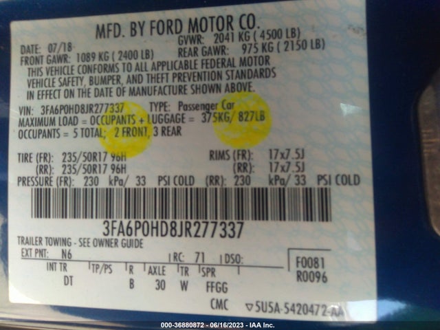 Ford FUSION SE 2018 3FA6P0HD8JR277337 Image 9