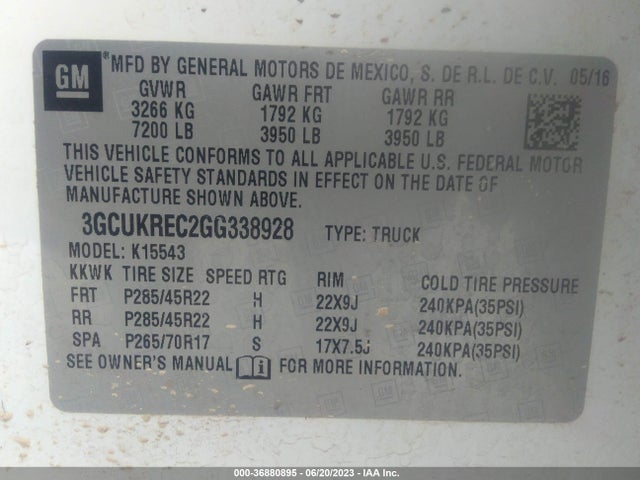 2016 CHEVROLET SILVERADO 1500 LT VIN: 3GCUKREC2GG338928