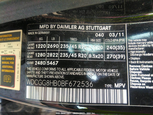 2011 MERCEDES-BENZ GLK-CLASS GLK 350 VIN: WDCGG8HB0BF672536