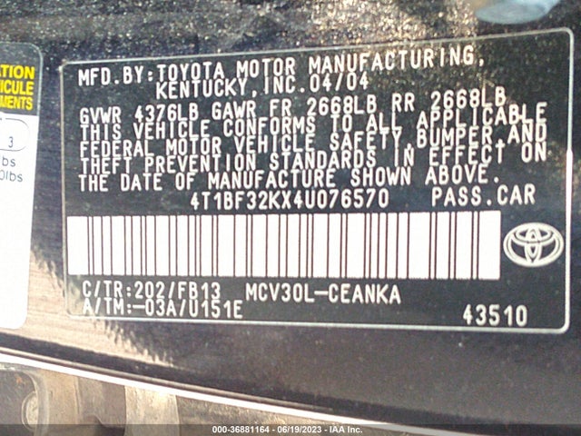 2004 TOYOTA CAMRY LE/XLE VIN: 4T1BF32KX4U076570