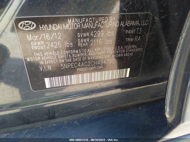 2012 HYUNDAI SONATA 2.4L SE VIN: 5NPEC4AC2CH494799