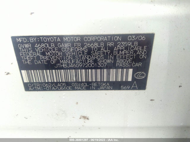 Продаж на аукціоні авто 2007 Lexus Es 350, vin: JTHBJ46G972001307, номер лоту: 36881297
