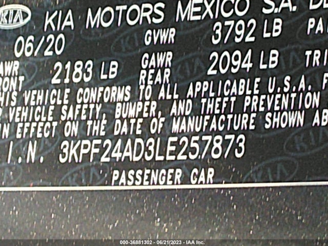 2020 KIA FORTE FE VIN: 3KPF24AD3LE257873