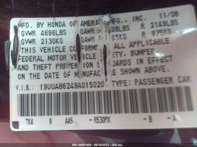 2009 ACURA TL VIN: 19UUA86249A015020