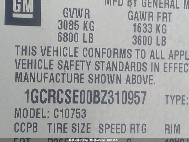 2011 CHEVROLET SILVERADO 1500 LT VIN: 1GCRCSE00BZ310957