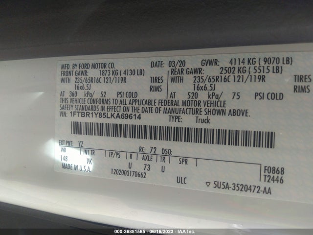 Ford TRANSIT CARGO VAN 2020 1FTBR1Y85LKA69614 Image 15