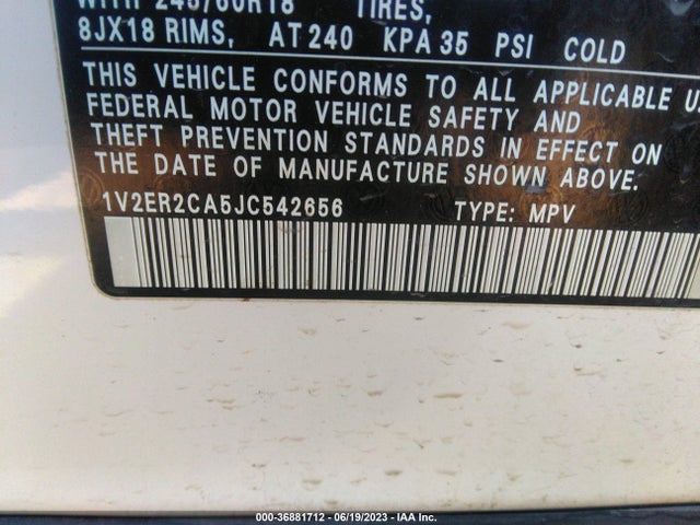 1V2ER2CA5JC542656 Volkswagen Atlas 3.6l V6 Sel