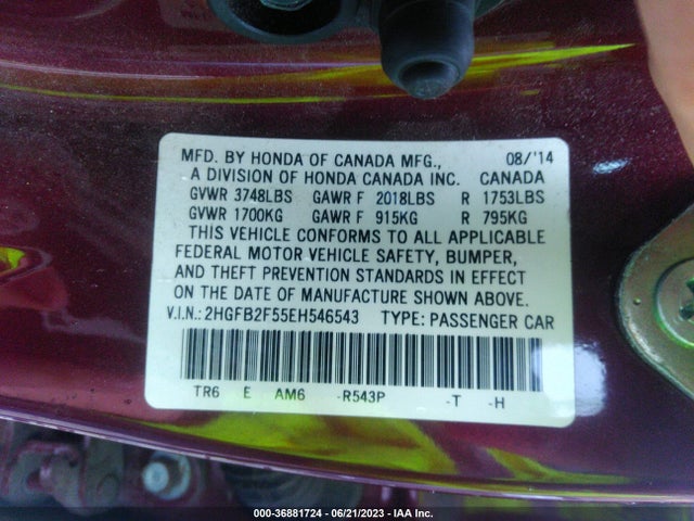 Honda Civic Sedan Lx 2014 2HGFB2F55EH546543 Image 9