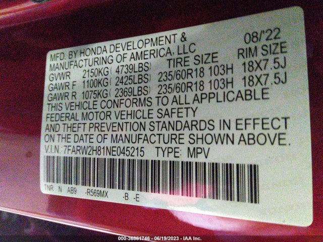Honda Cr-v Awd Ex-l 2022 7FARW2H81NE045215 Image 9