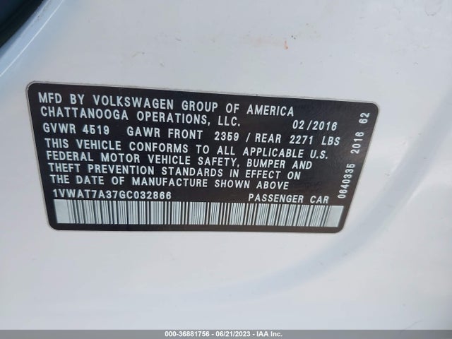 1VWAT7A37GC032866 Volkswagen Passat 1.8t R-line
