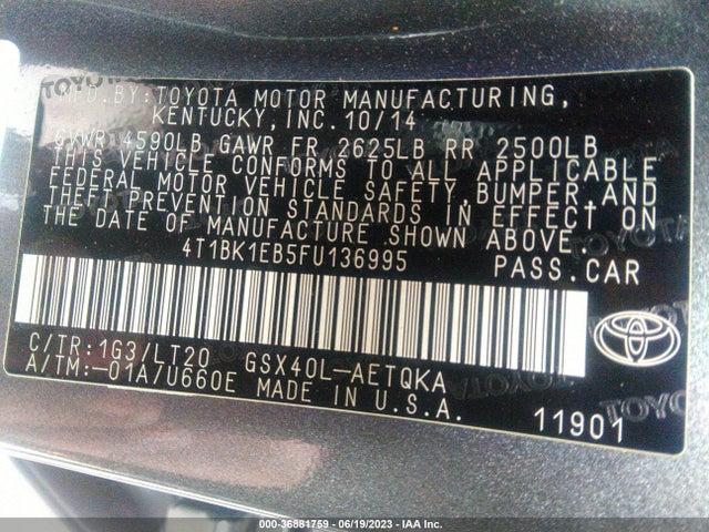 Toyota AVALON LIMITED 2015 4T1BK1EB5FU136995 Image 9