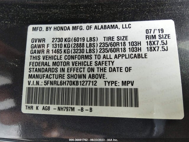 Honda Odyssey Ex-l 2019 5FNRL6H70KB127712 Image 9
