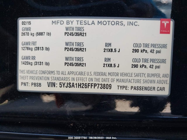 2015 TESLA MODEL S 85D/P85D/70D/90D/P90D VIN: 5YJSA1H26FFP73809