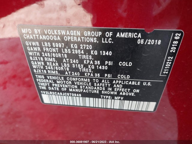 1V2LR2CA9JC573948 Volkswagen Atlas 3.6l V6 Se