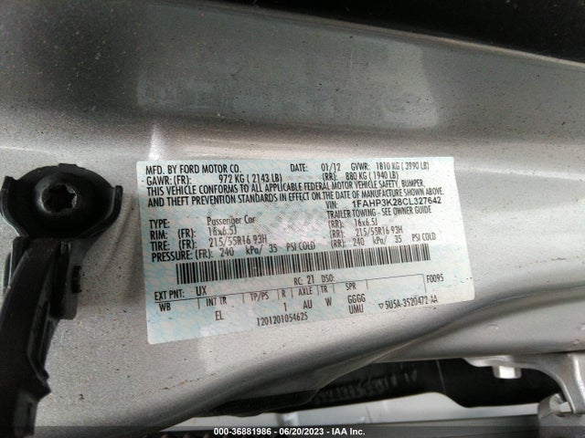 2012 FORD FOCUS SE VIN: 1FAHP3K28CL327642