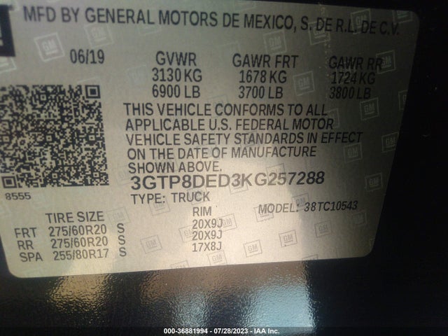 2019 GMC SIERRA 1500 SLT VIN: 3GTP8DED3KG257288