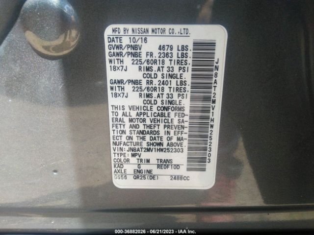 JN8AT2MV1HW252303 Nissan Rogue Sl