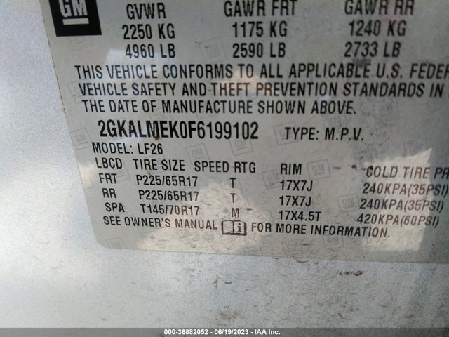2015 GMC TERRAIN SLE VIN: 2GKALMEK0F6199102