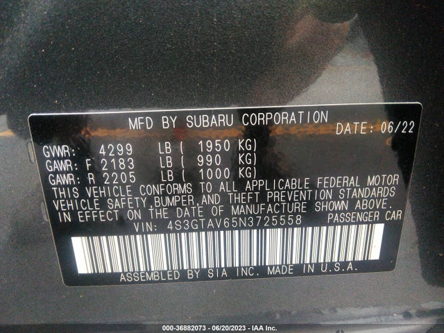 36882073 :رقم المزاد ، 4S3GTAV65N3725558 vin ، 2022 Subaru Impreza Premium مزاد بيع
