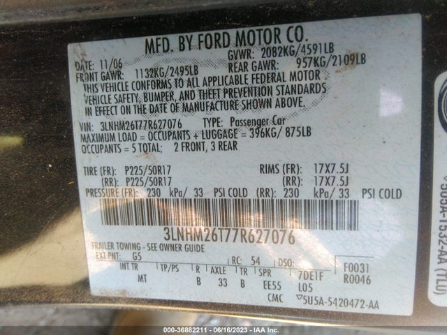 2007 LINCOLN MKZ VIN: 3LNHM26T77R627076