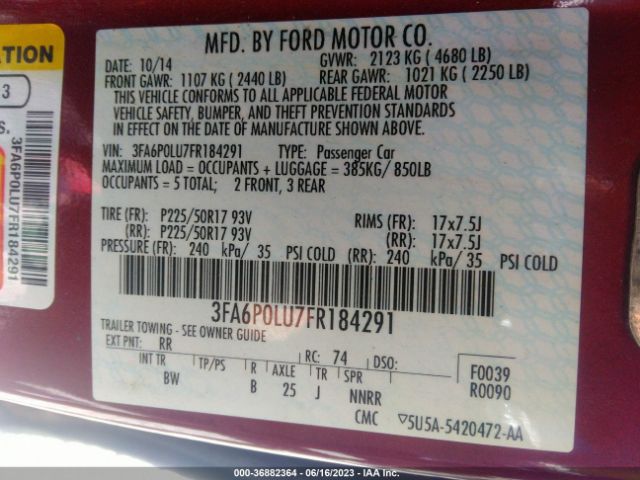 3FA6P0LU7FR184291 Ford Fusion Se Hybrid