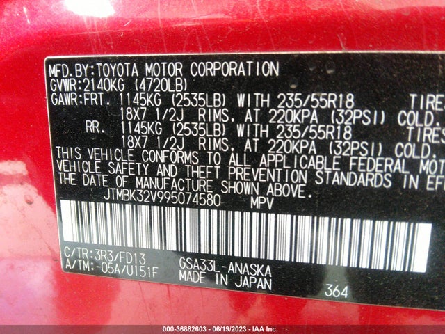 2009 TOYOTA RAV4 SPORT VIN: JTMBK32V995074580