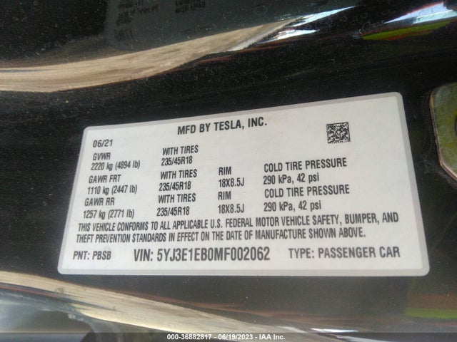 Tesla Model 3 Long Range 2021 5YJ3E1EB0MF002062 Image 15