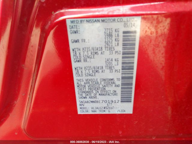 5N1AR2MN0EC701912 Nissan Pathfinder Sv