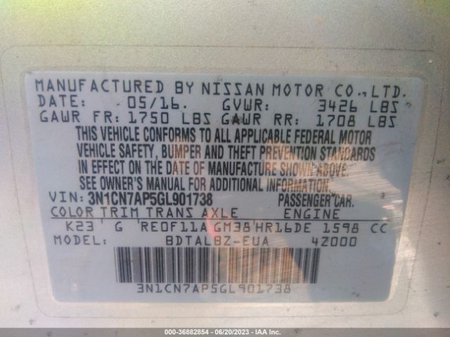 3N1CN7AP5GL901738 Nissan VERSA SV