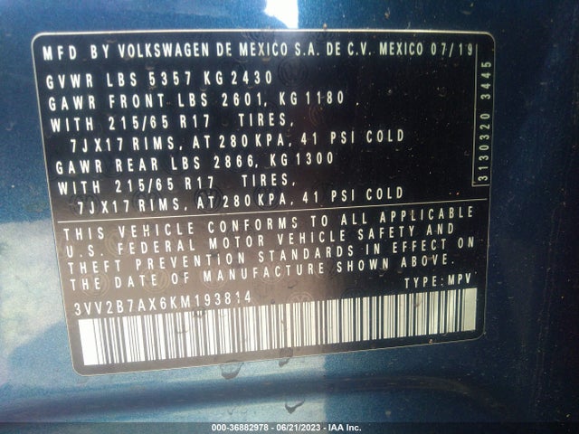 3VV2B7AX6KM193814 Volkswagen Tiguan Se/sel/sel R-line