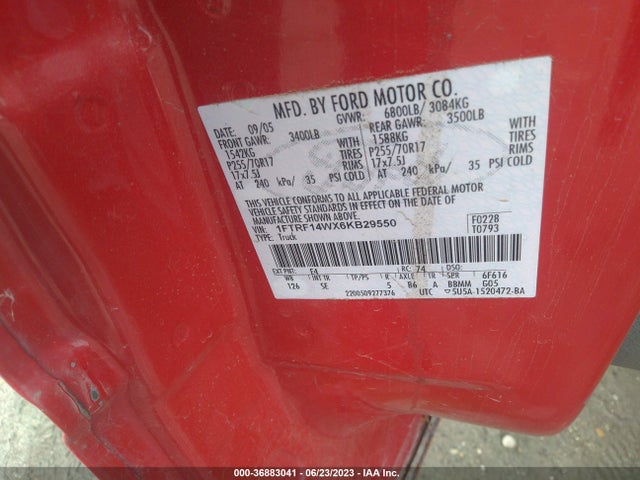 2006 FORD F-150 XL/STX/XLT VIN: 1FTRF14WX6KB29550