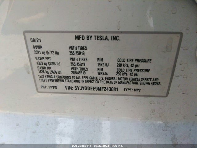 5YJYGDEE9MF243081 Tesla Model Y Long Range