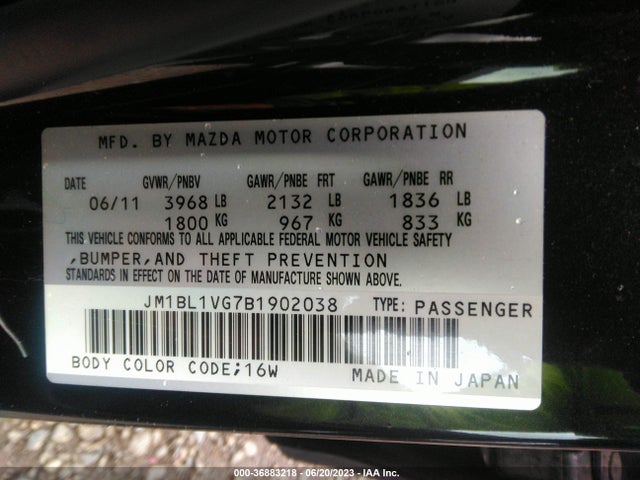 2011 MAZDA MAZDA3 I TOURING VIN: JM1BL1VG7B1902038
